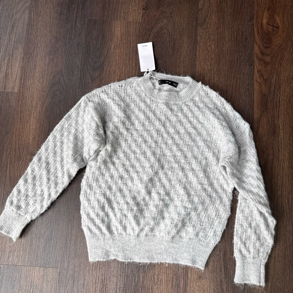 Mango Light Gray Textured Crewneck Sweater